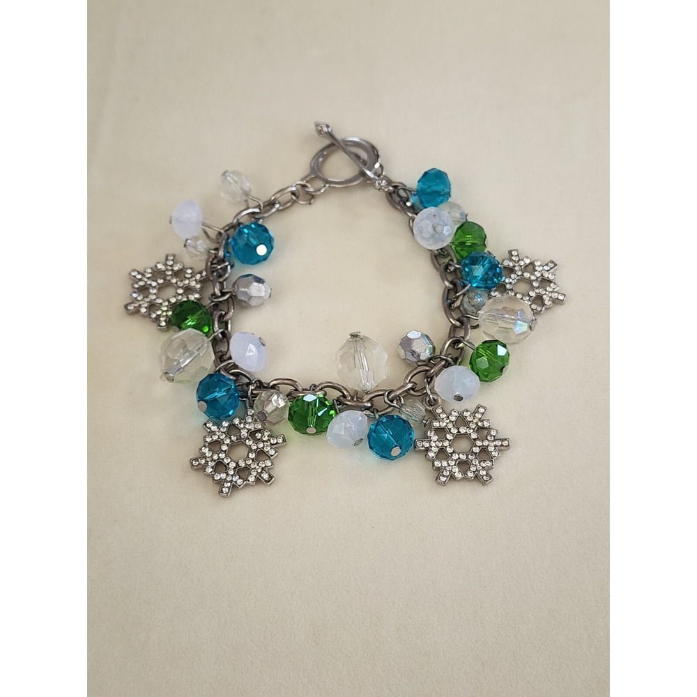 Vtg PIER 1 IMPORTS Snowflake Blue Green Crystal Beaded Charm Bracelet FREE $HIP!